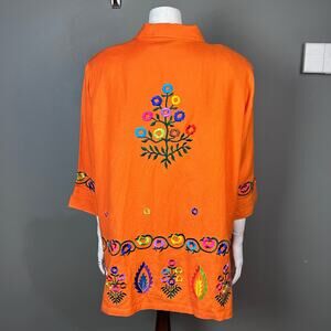 Linea Louis Dell'Olio top 1X linen colorful embroidered Mexican floral camp VTG